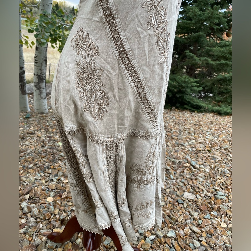 Vintage Coline Y2K fairycore Gypsy beige viscose embroidered drop waist dress - Picture 6 of 14